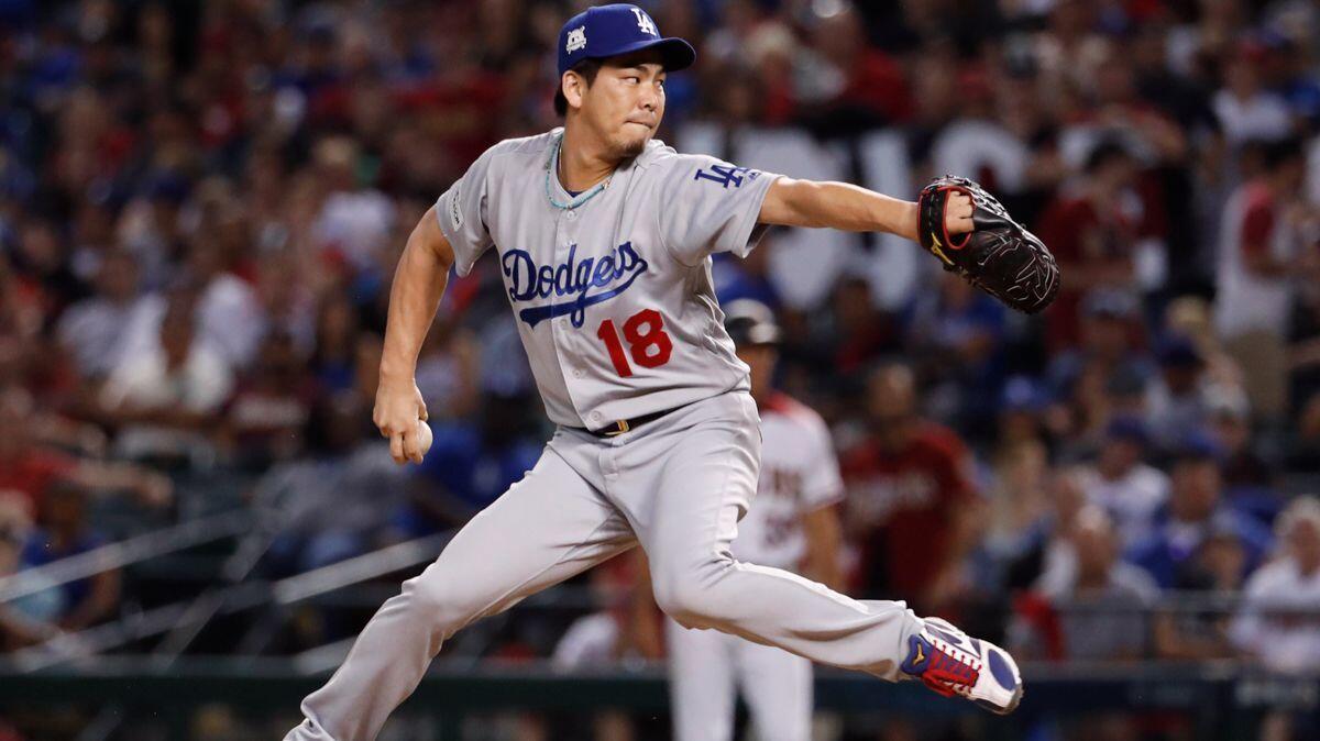 Dodgers pitcher Kenta Maeda throws against the Arizona Diamondbacks during the eighth inning of Game 3 of the National League division series on Monday.