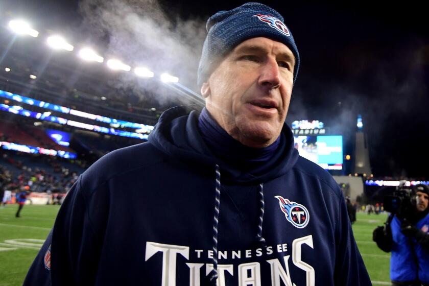 FOXBOROUGH, MA - JANUARY 13: Head cocah Mike Mularkey of the Tennessee Titans reacts after the AFC Divisional Playoff game against the New England Patriots at Gillette Stadium on January 13, 2018 in Foxborough, Massachusetts. (Photo by Adam Glanzman/Getty Images) ** OUTS - ELSENT, FPG, CM - OUTS * NM, PH, VA if sourced by CT, LA or MoD **