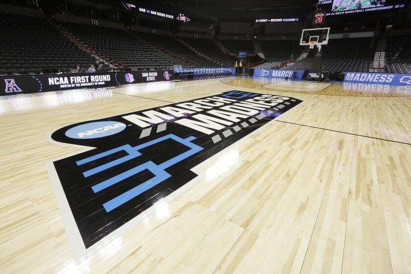 The court is seen before a first-round college basketball game between San Diego State and UAB in the NCAA Tournament in Spokane, Wash., Friday, March 22, 2024. (AP Photo/Young Kwak)