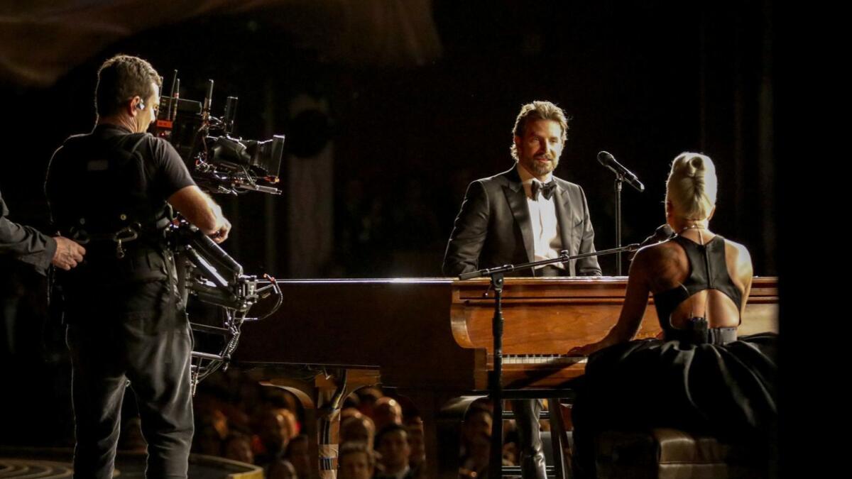Bradley Cooper and Lady Gaga seen from backstage at the 91st Academy Awards on Sunday.