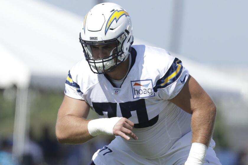 COSTA MESA, CA -- AUGUST 13, 2018: Los Angeles Chargers guard Forrest Lamp during training camp at Jack R. Hammett Sports Complex in Costa Mesa. (Myung J. Chun / Los Angeles Times)