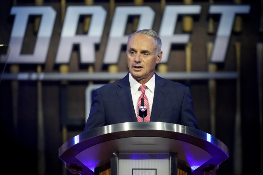 MLB Commissioner Rob Manfred speaks at the start of 2021 MLB draft in Denver. (AP Photo/David Zalubowski)
