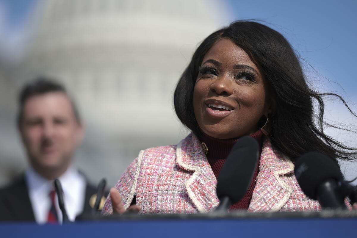 Rep. Jasmine Crockett (D-Texas) speaks during a news conference in Washington on March 20.