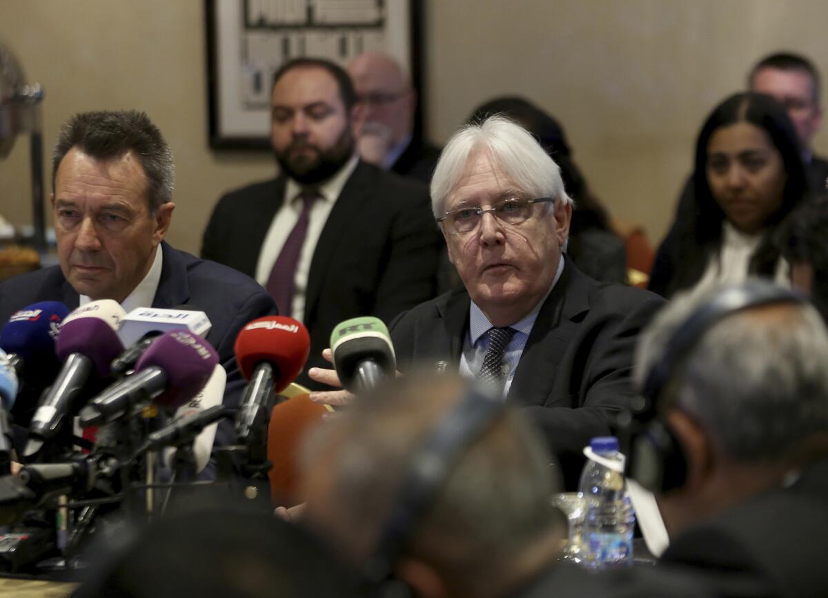 Martin Griffiths, center, and Peter Maurer during a new round of talks by Yemen's warring parties.