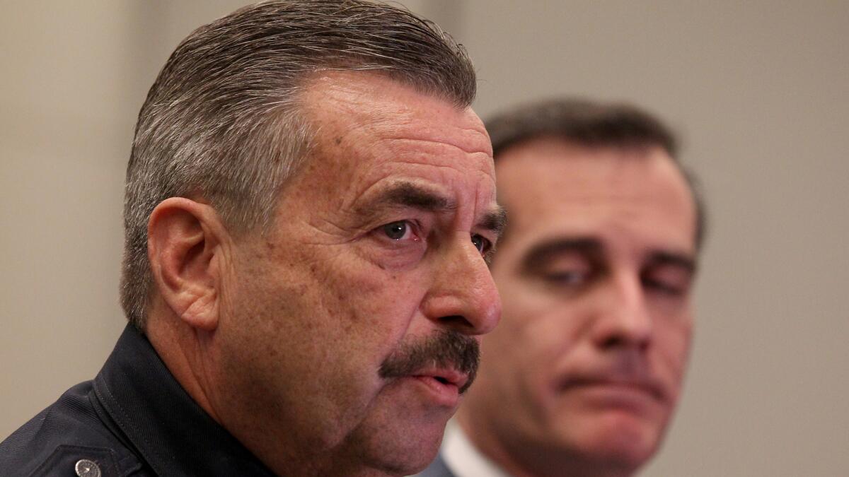 LAPD Chief Charlie Beck, left, and Los Angeles Mayor Eric Garcetti are seen at a news conference on Feb. 4.