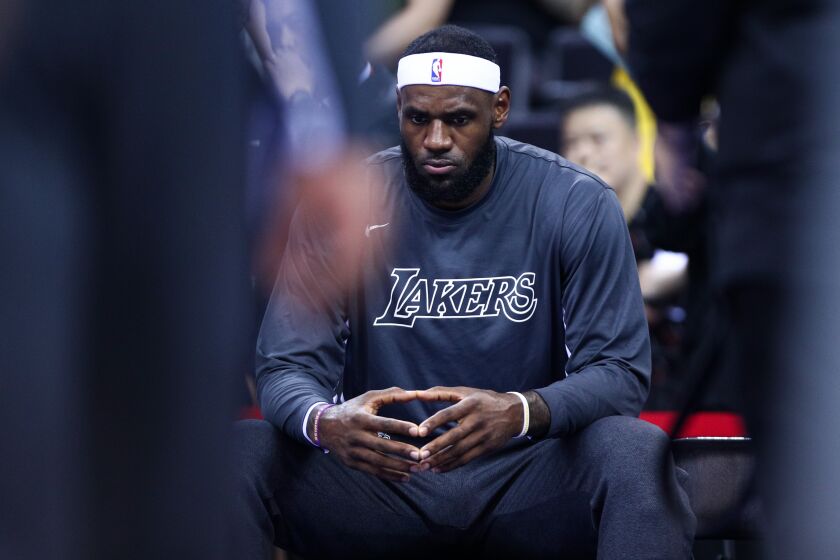 SHENZHEN, CHINA - OCTOBER 12: LeBron James #23 of the Los Angeles Lakers looks on before the match against the Brooklyn Nets during a preseason game as part of 2019 NBA Global Games China at Shenzhen Universiade Center on October 12, 2019 in Shenzhen, Guangdong, China. (Photo by Zhong Zhi/Getty Images)