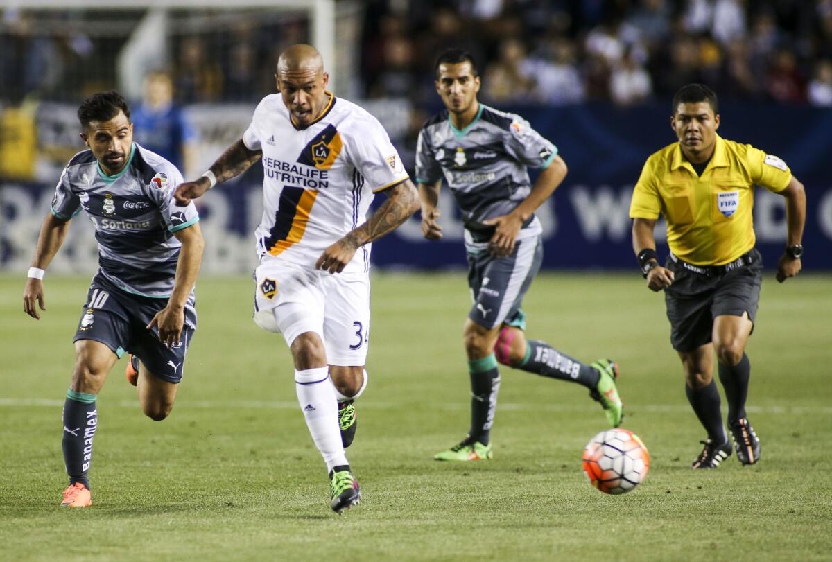 Galaxy midfielder Nigel de Jong tracks the ball during the second half of a CONCACAF Champions League quarterfinal match on Feb. 24 at StubHub Center.