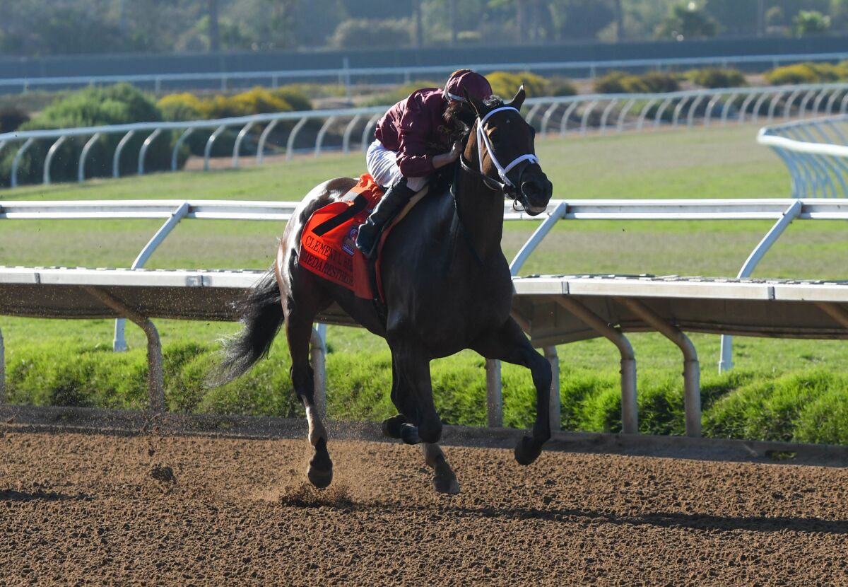 Shedaresthedevil on the way to her win at the Grade I, $300,000 Clement L. Hirsch Stakes.