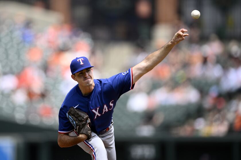 Texas Rangers starting pitcher Cody Bradford throws during the first inning of a baseball game against the Baltimore Orioles, Sunday, May 28, 2023, in Baltimore. (AP Photo/Nick Wass)