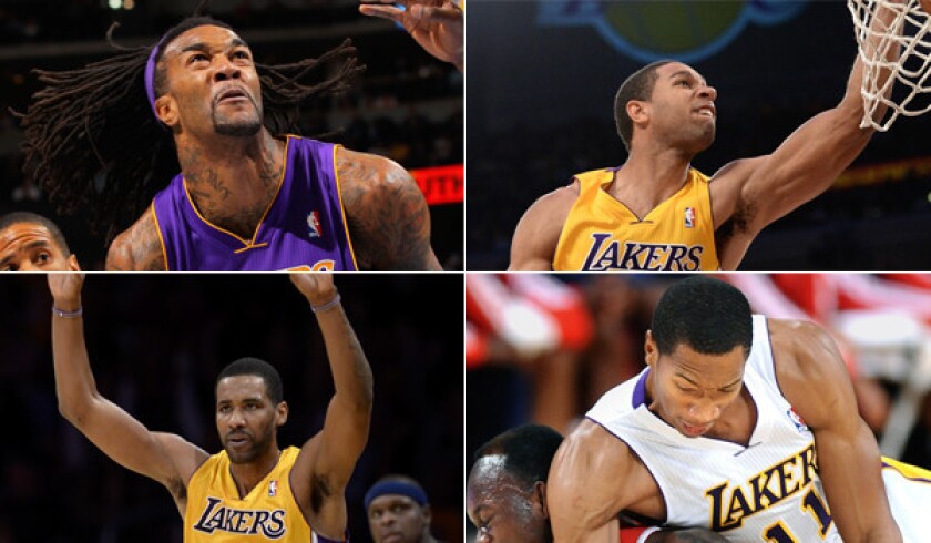 Clockwise, from top left: Lakers Jordan Hill, Xavier Henry, Wesley Johnson and Shawn Williams are all former first-round picks considered busts with their former teams.