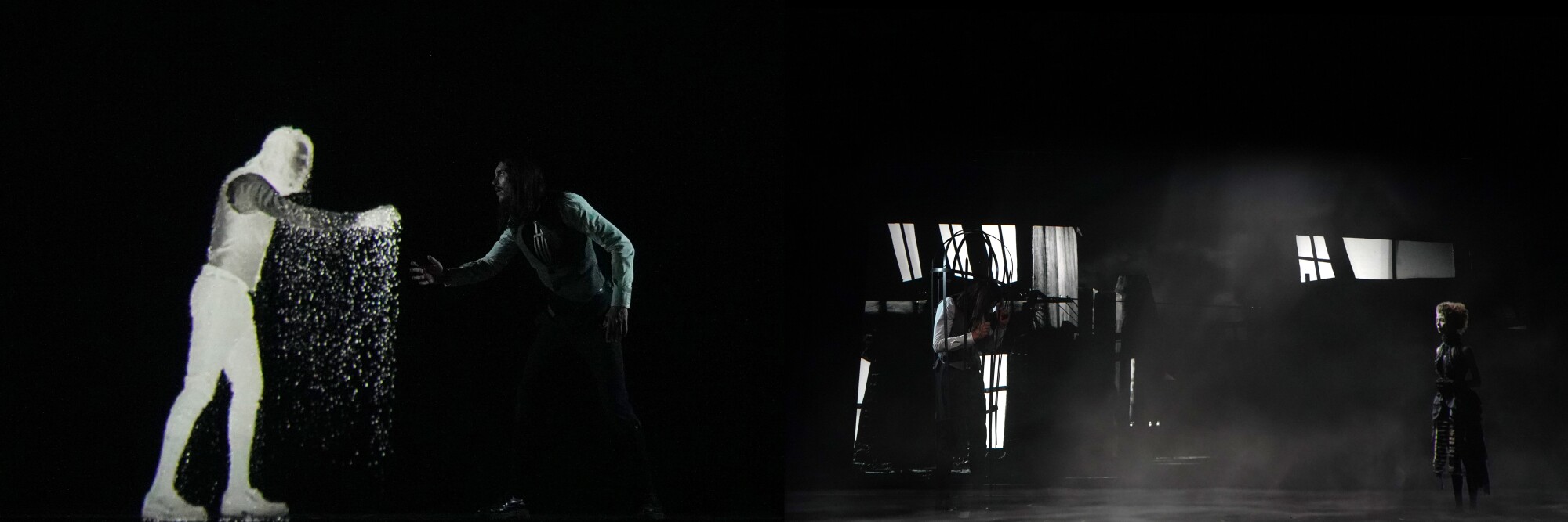 A composite of two scenes from "Cages." Much of the production features Baran as the only live actor, interacting with set pieces and other characters projected onto the stage.