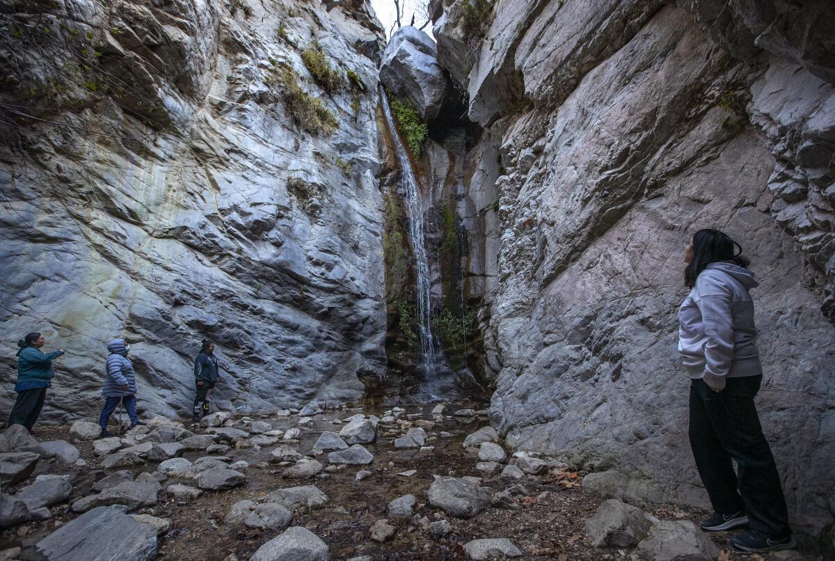 A woman stands near a waterfall 