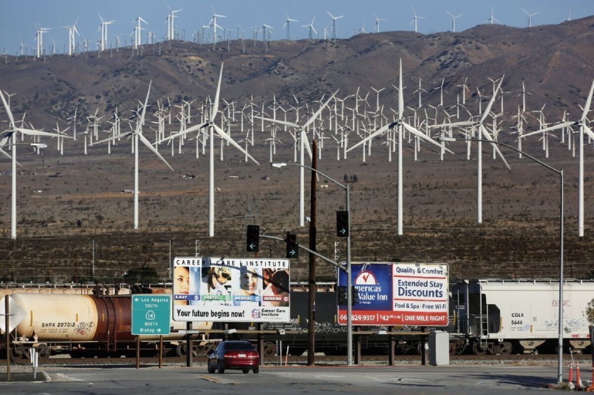 Windmills on Highway 58 near Barstow in the Mojave Desert. An enterprise zone in Barstow recently failed a state audit.