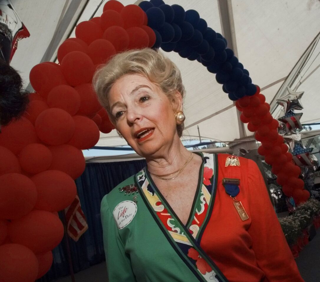 Phyllis Schlafly, chairwoman of the Republican National Coalition for Life and a Missouri delegate, is seen at SeaWorld before the evening session of the 1996 GOP convention in San Diego.