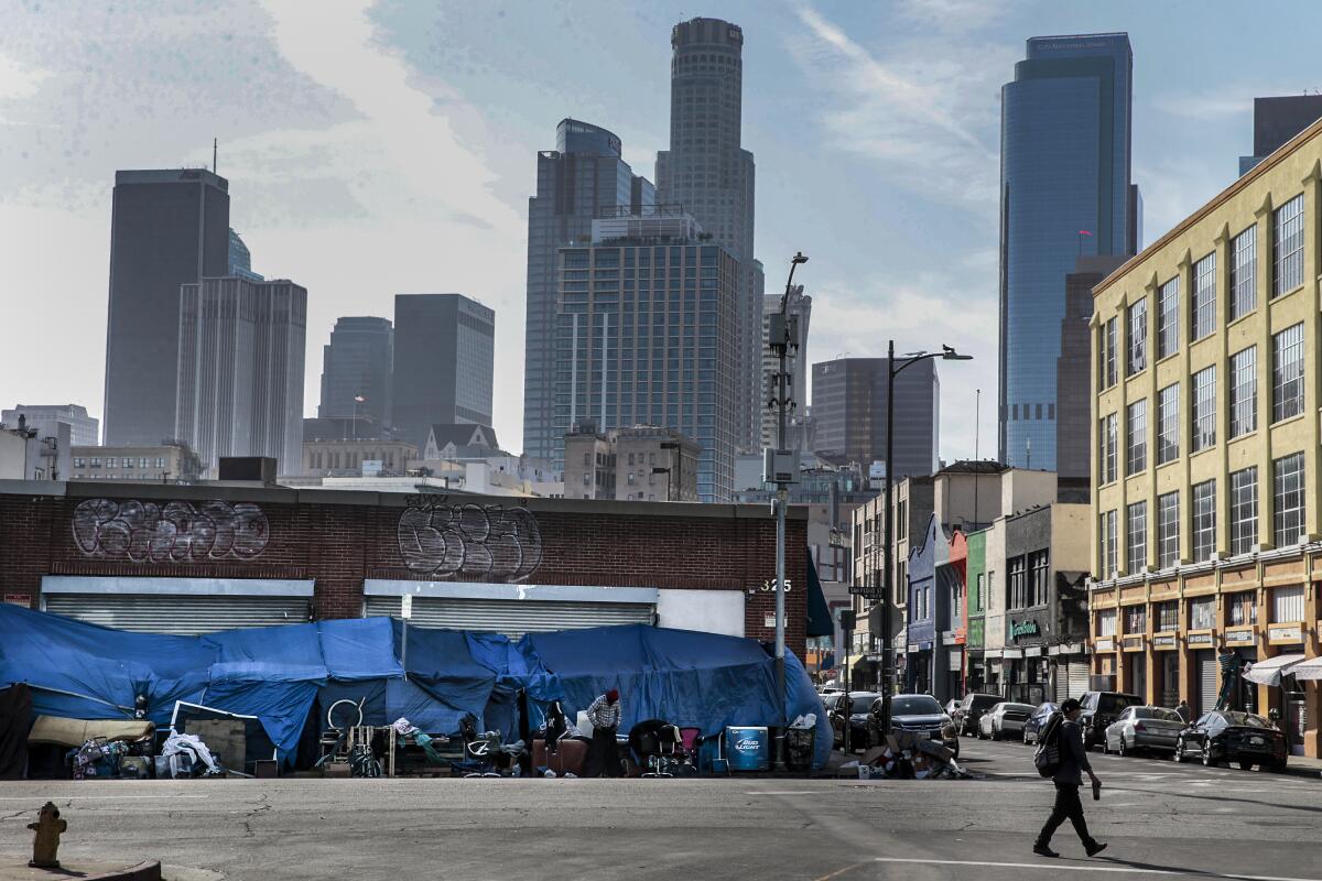 Tents lined up on San Pedro Street on Skid Row, downtown Los Angeles, in April 2021.