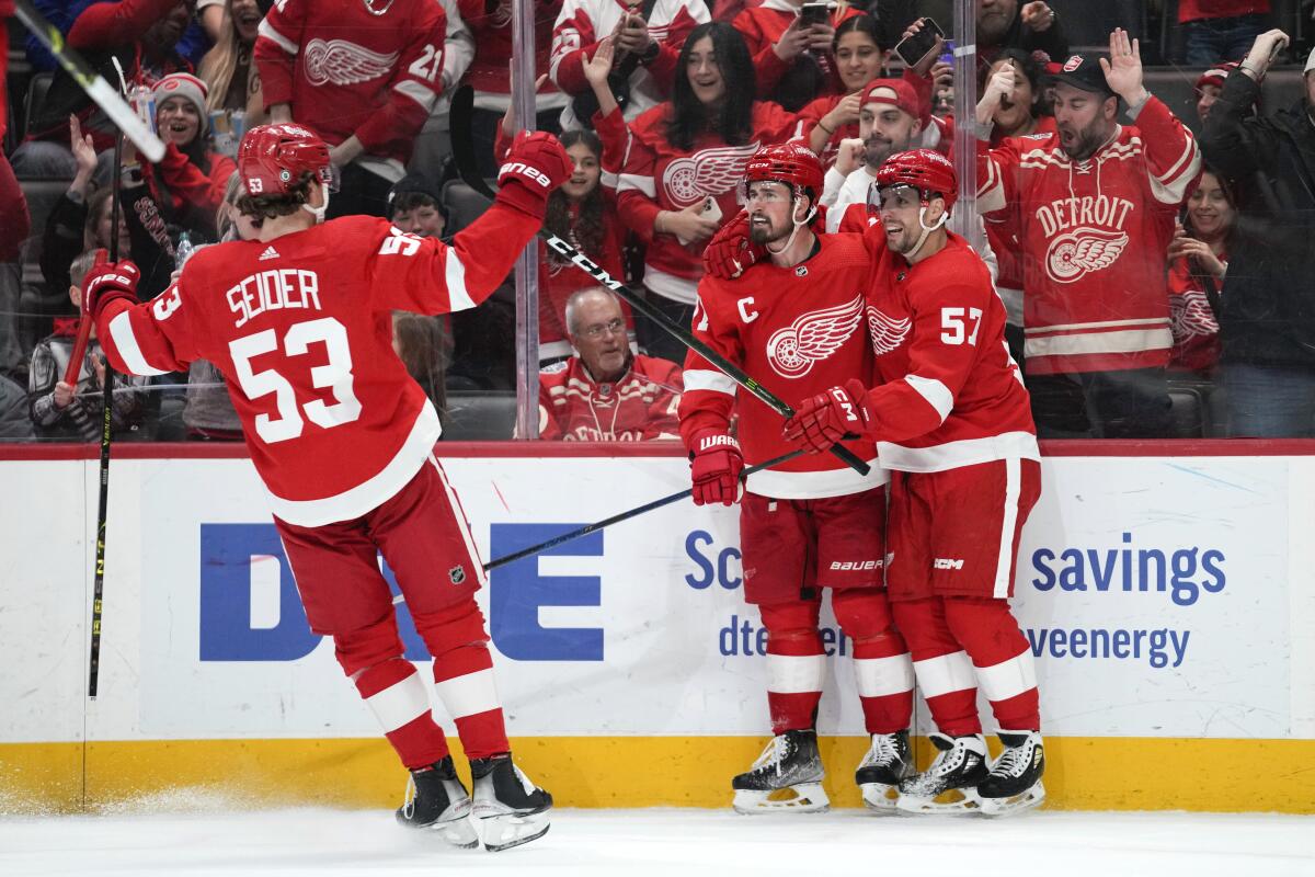 Detroit Red Wings' Lucas Raymond celebrates after scoring a goal