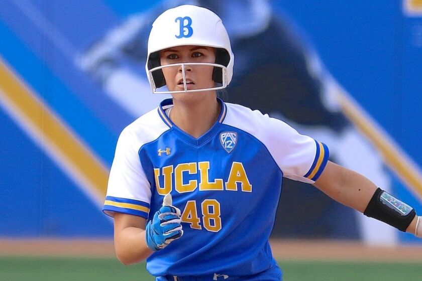 UCLA center fielder Bubba Nickles runs the bases during a UCLA softball game.