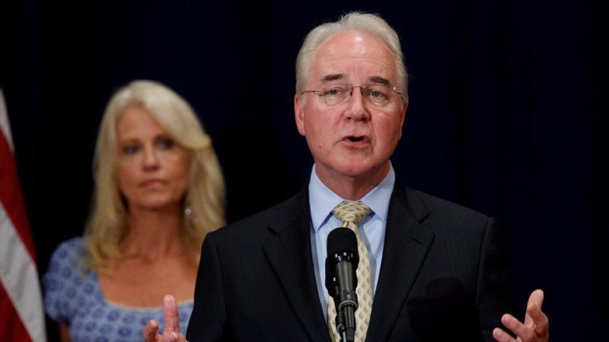 Secretary of Health and Human Services Tom Price discusses the opioid crisis with reporters on Aug. 9, 2017, in Bridgewater, N.J., accompanied by White House advisor Kellyanne Conway.