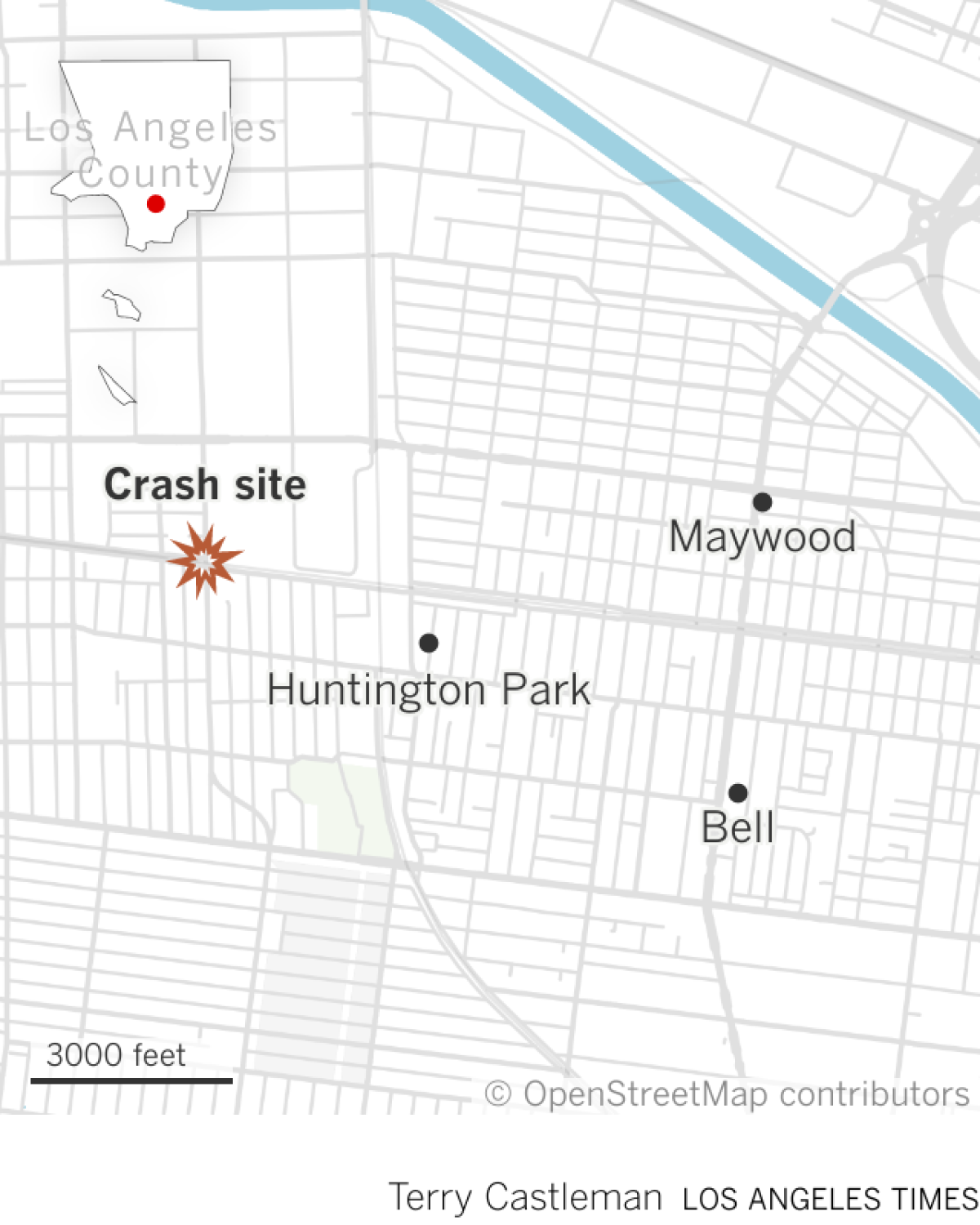 Locator map of a crash in Huntington Park after a brief chase.