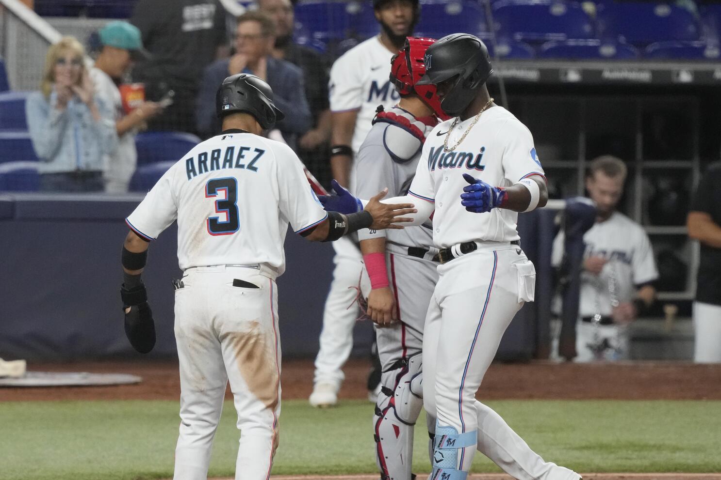 Jorge Soler of the Miami Marlins celebrates after hitting a home run in  2023