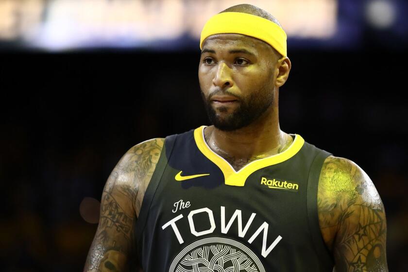 DeMarcus Cousins of the Golden State Warriors on the court against the Toronto Raptors during Game 6 of the NBA Finals at ORACLE Arena in Oakland, Calif., on June 13, 2019. (Ezra Shaw/Getty Images/TNS) **FOR USE WITH THIS STORY ONLY** ** OUTS - ELSENT, FPG, TCN - OUTS **