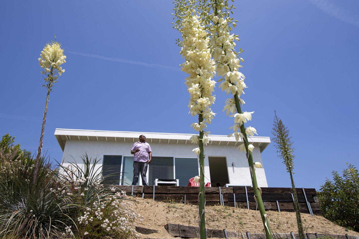 GLENDALE, CA - JUNE 27, 2019: Actor Omar Miller enjoys his outside space and the view from his guest house high on a hill on June 27, 2019 in Glendale, California. (Gina Ferazzi/Los AngelesTimes)
