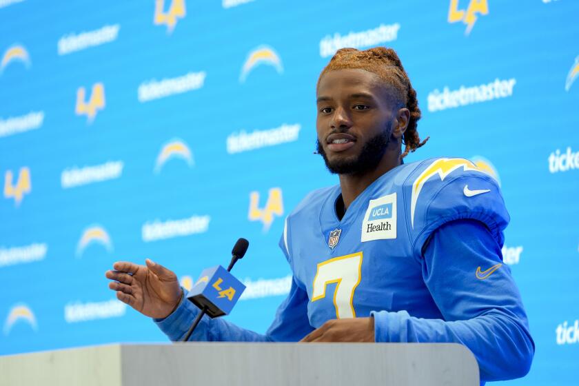 Chargers cornerback Kristian Fulton speaks at a training camp media conference.