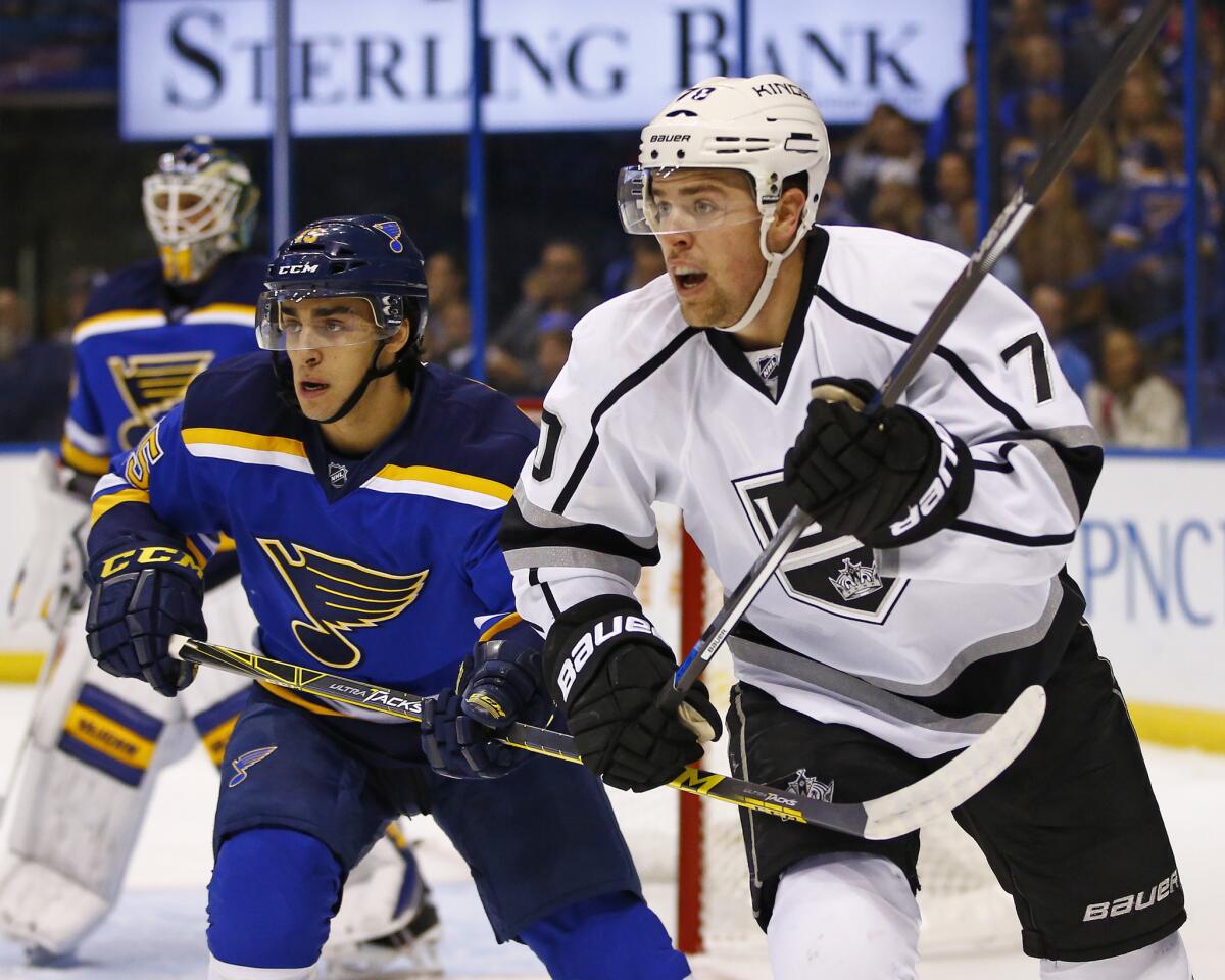 Tanner Pearson, right, battles St. Louis' Robby Fabbri for position on Tuesday night.