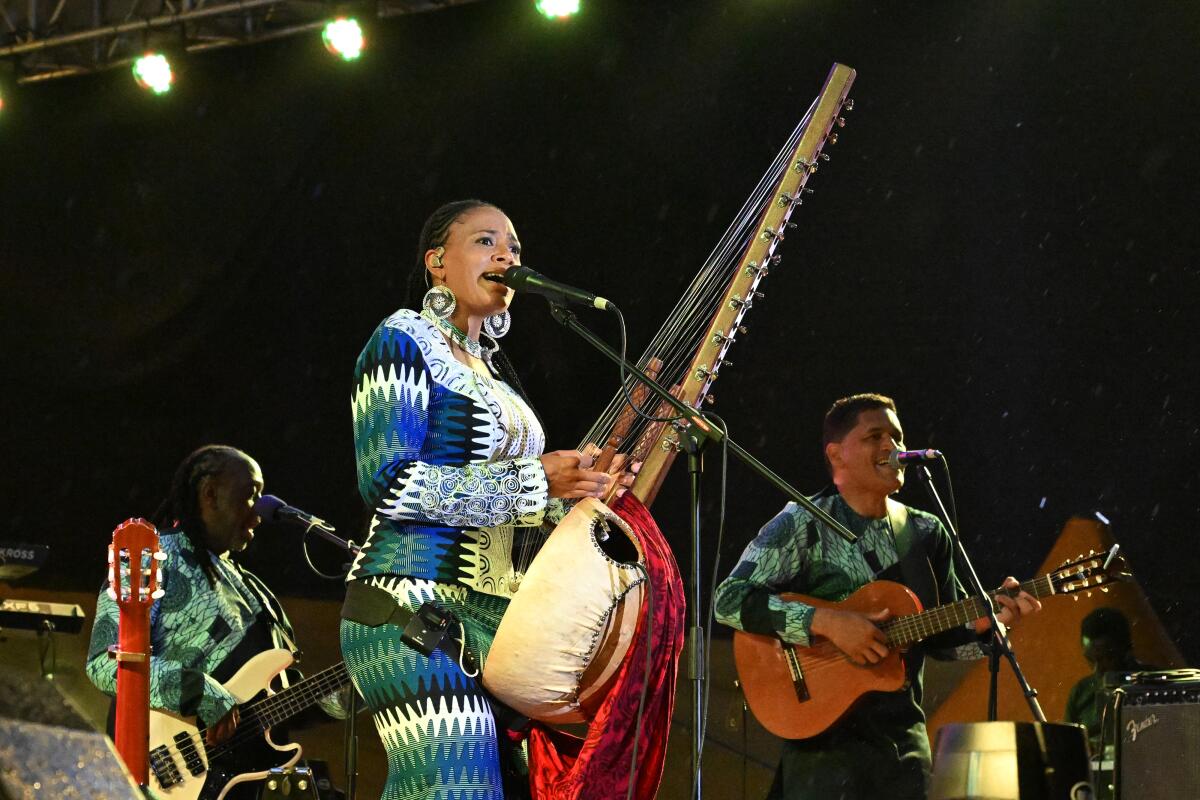 Gambian multi-instrumentalist and singer Sona Jobarteh (C) performs during a concert.