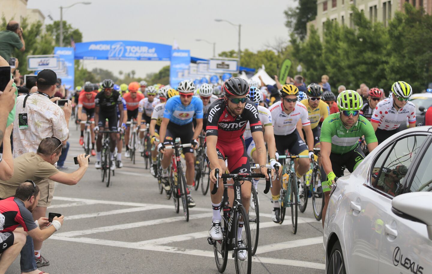 Racers start the second stage of the Amgen Tour of California in South Pasadena on May 16.