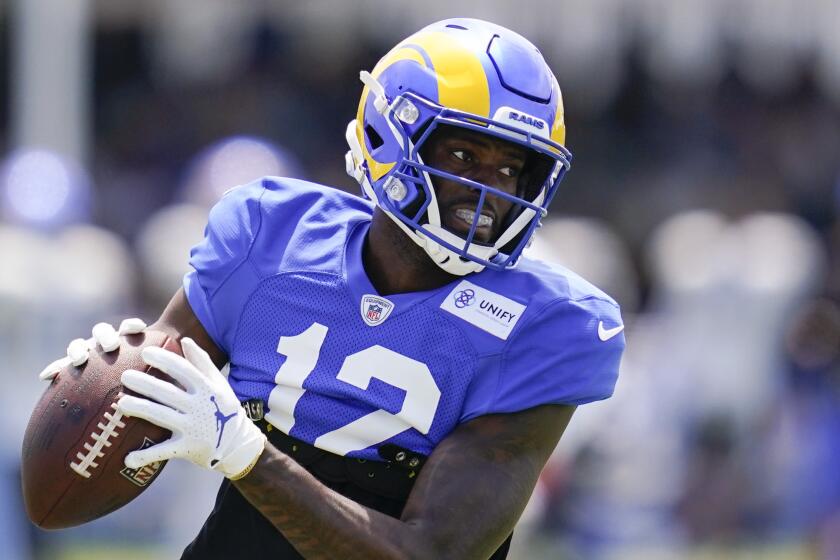 Los Angeles Rams wide receiver Van Jefferson (12) participates in drills.