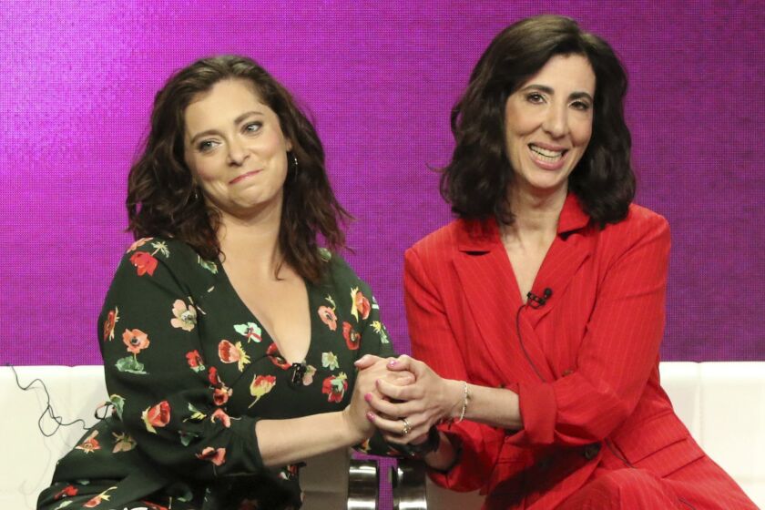 Rachel Bloom, left, and Aline Brosh McKenna participate in the "Crazy Ex-Girlfriend" panel during the CW Television Critics Association Summer Press Tour at The Beverly Hilton hotel on Monday, Aug. 6, 2018, in Beverly Hills, Calif. (Photo by Willy Sanjuan/Invision/AP)
