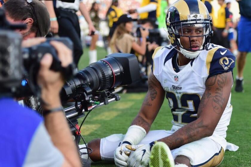 Rams cornerback Trumaine Johnson reacts after an incomplete pass during the fourth quarter of a game against the Panthers on Nov. 6.