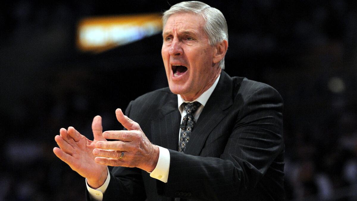 Jerry Sloan yells instructions to the Jazz during a playoff game against the Lakers.