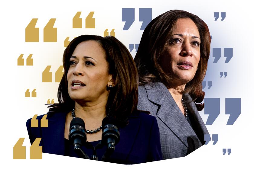 Two Kamala Harris photos with yellow and blue quote marks.