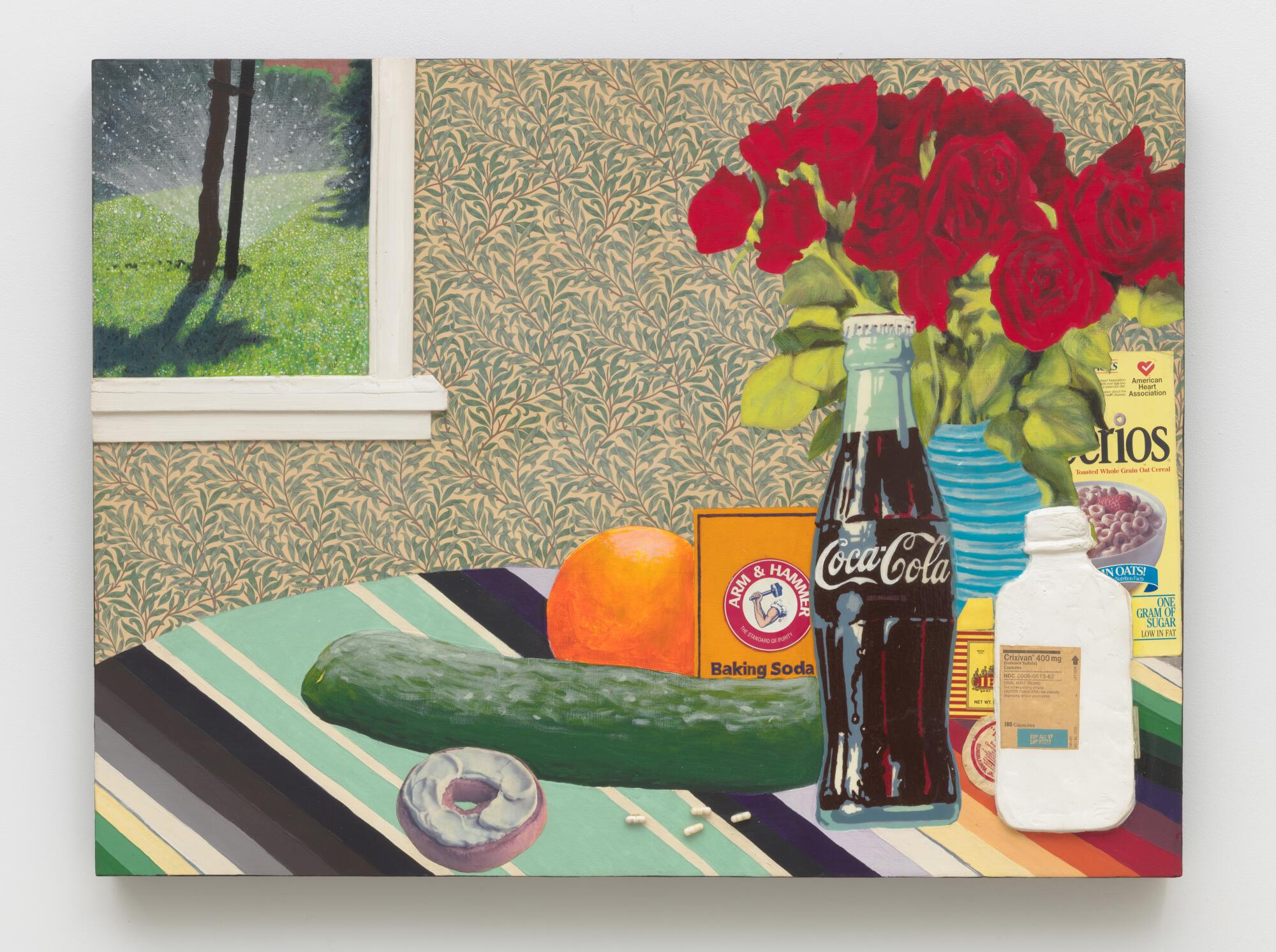 A still life by Joey Terrill shows a glass bottle of Coke, a flower arrangement, a box of Cheerios and white pills on canvas.