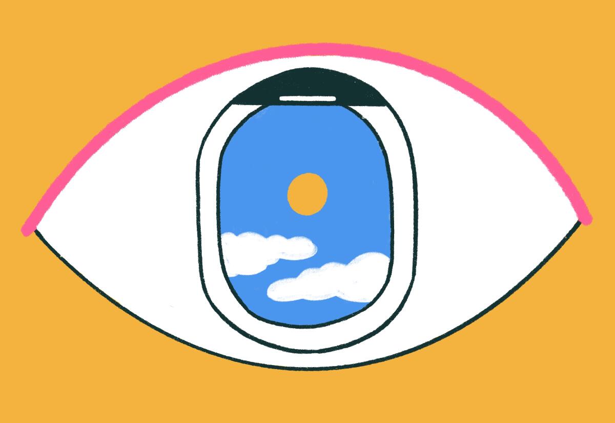 An illustration of an eye with an airplane window standing in as the pupil.