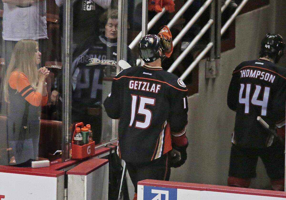Ducks captain Ryan Getzlaf leaves the rink after the Ducks lost to the Blackhawks, 5-3, in Game 7 on Saturday evening at the Honda Center.