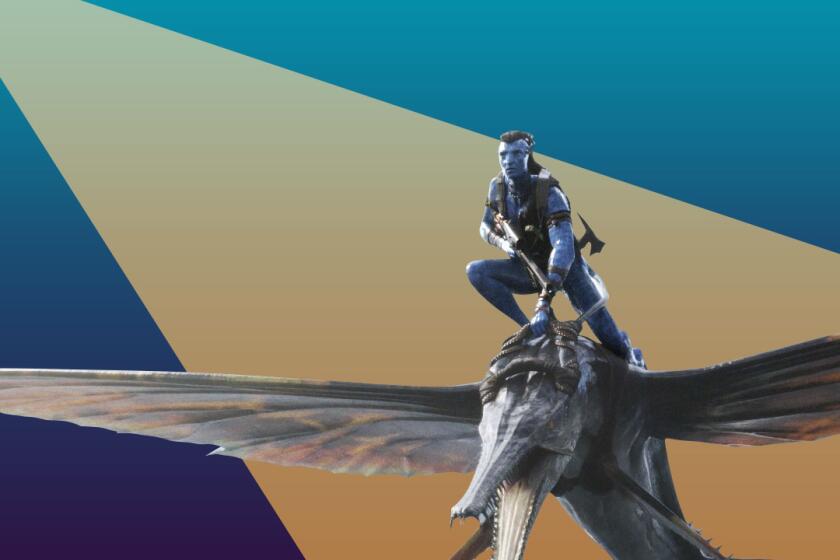 A blue CGI man rides on the back of a winged creature