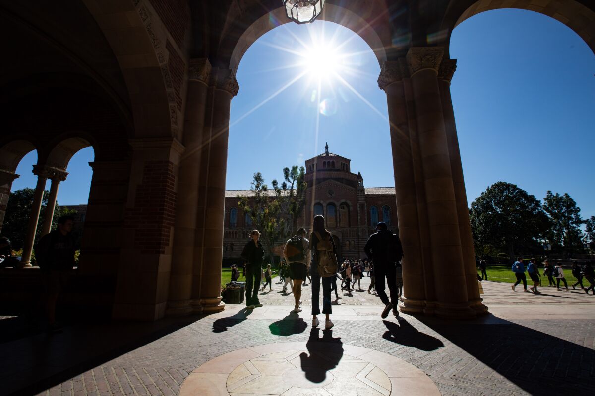 Students depart Royce Hall on the campus of UCLA