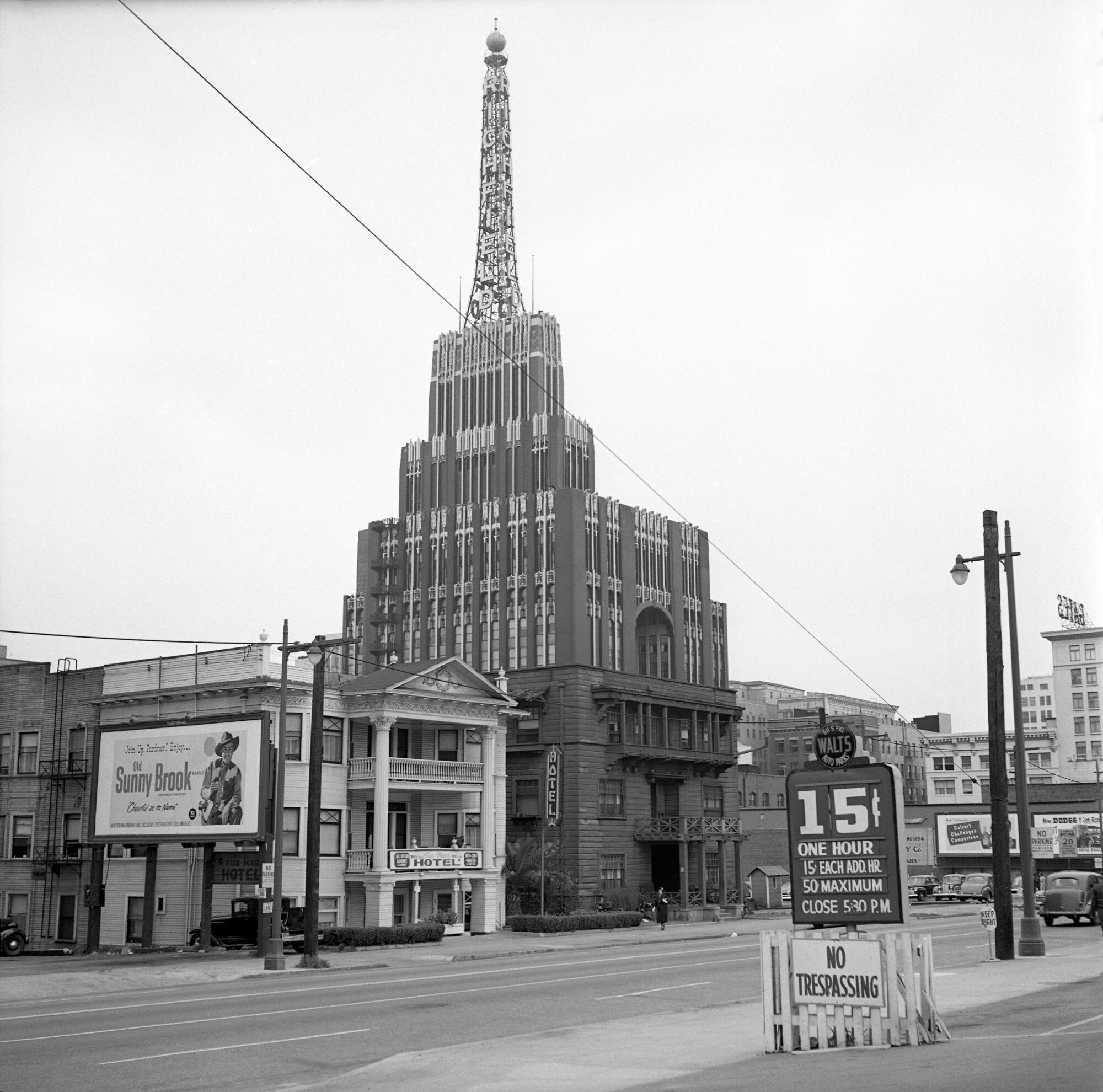 The Bur-Mar Hotel astatine 514 S. Figueroa Street with the Richfield Tower looming down