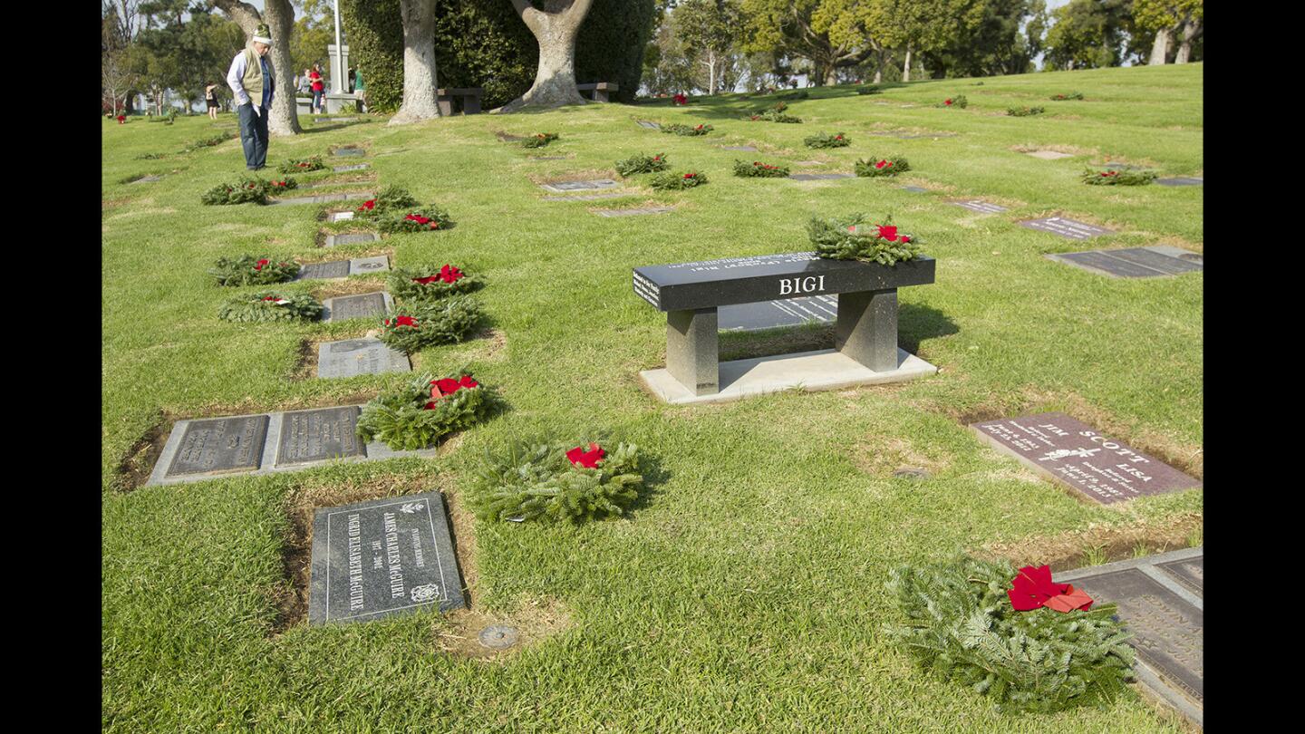 Fresh-cut Christmas wreaths placed on the graves of veterans at Pacific View cemetery in Corona del Mar on Saturday.