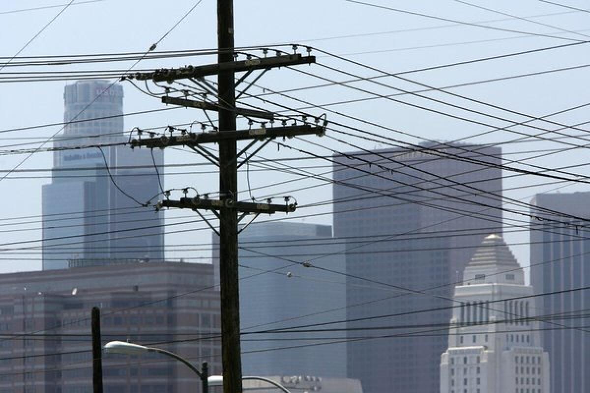 A web of power lines in downtown Los Angeles. The California Center for Sustainable Communities at UCLA has created an interactive map of the city's electricity use.