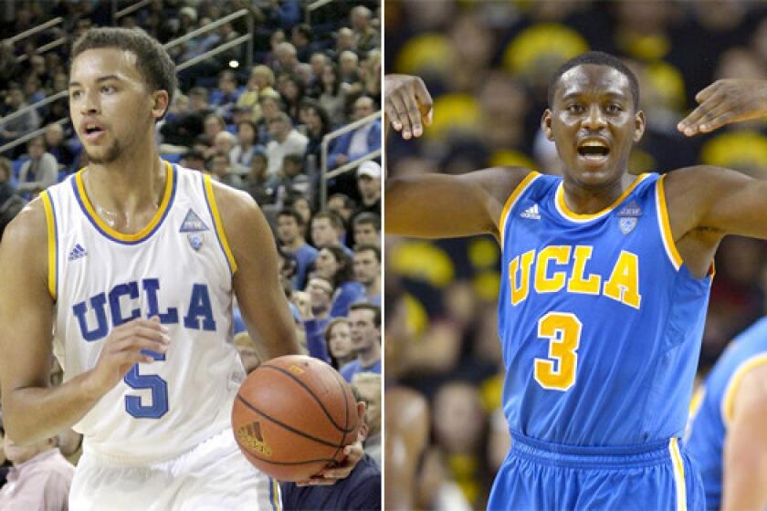 UCLA guards Kyle Anderson, left, and Jordan Adams were suspended for one game for violating unspecified team rules.