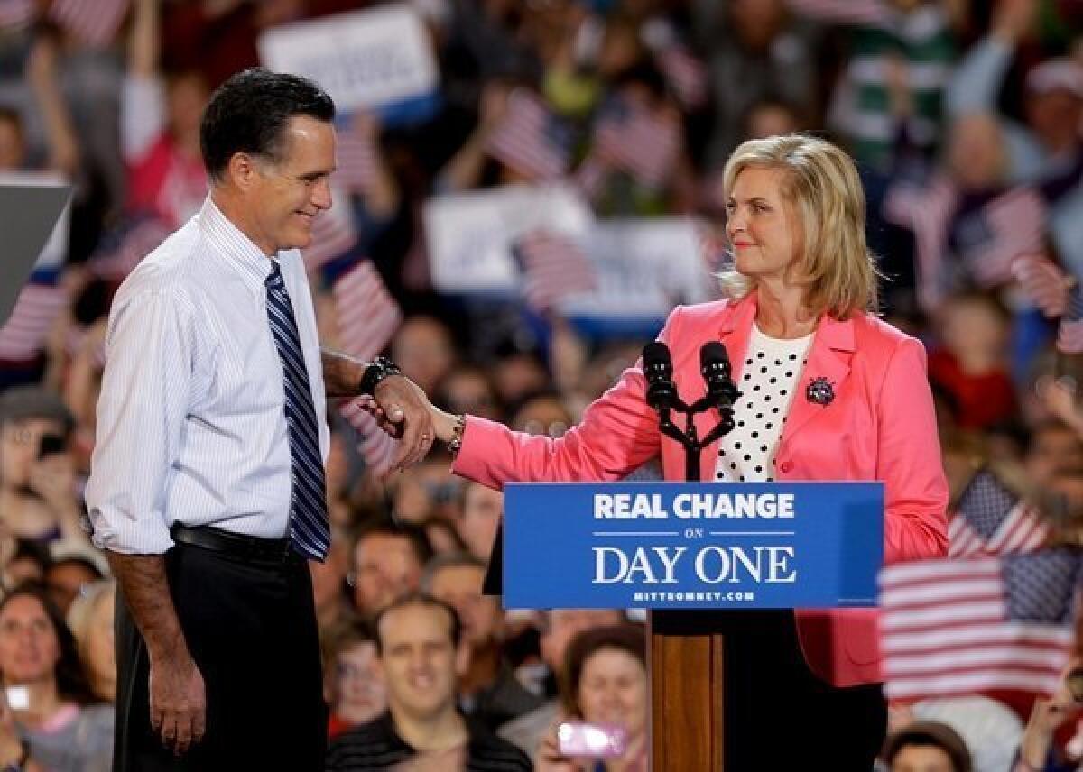 Ann Romney introduces her husband, GOP presidential nominee Mitt Romney, in Colorado Springs, Colo.