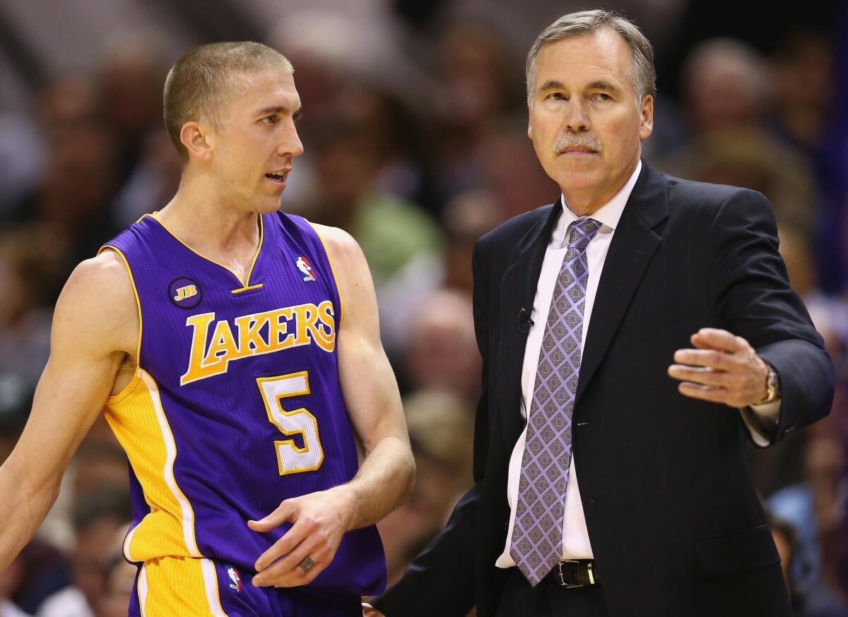 Lakers Coach Mike D'Antoni will be without veteran guard Steve Blake for Game 3 of their playoff series against the Spurs on Friday night. Guards Steve Nash and Jodie Meeks are also questionable.