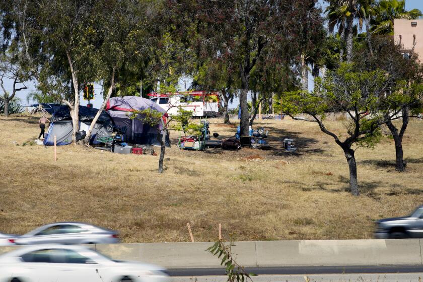 Chula Vista, CA - May 21: An encampment near the Palomar Street offramp on northbound Int 5 in Chula Vista, CA. (Nelvin C. Cepeda / The San Diego Union-Tribune)