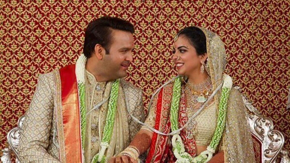 A photo released by Reliance Industries shows Isha Ambani and Anand Piramal during their wedding ceremony.
