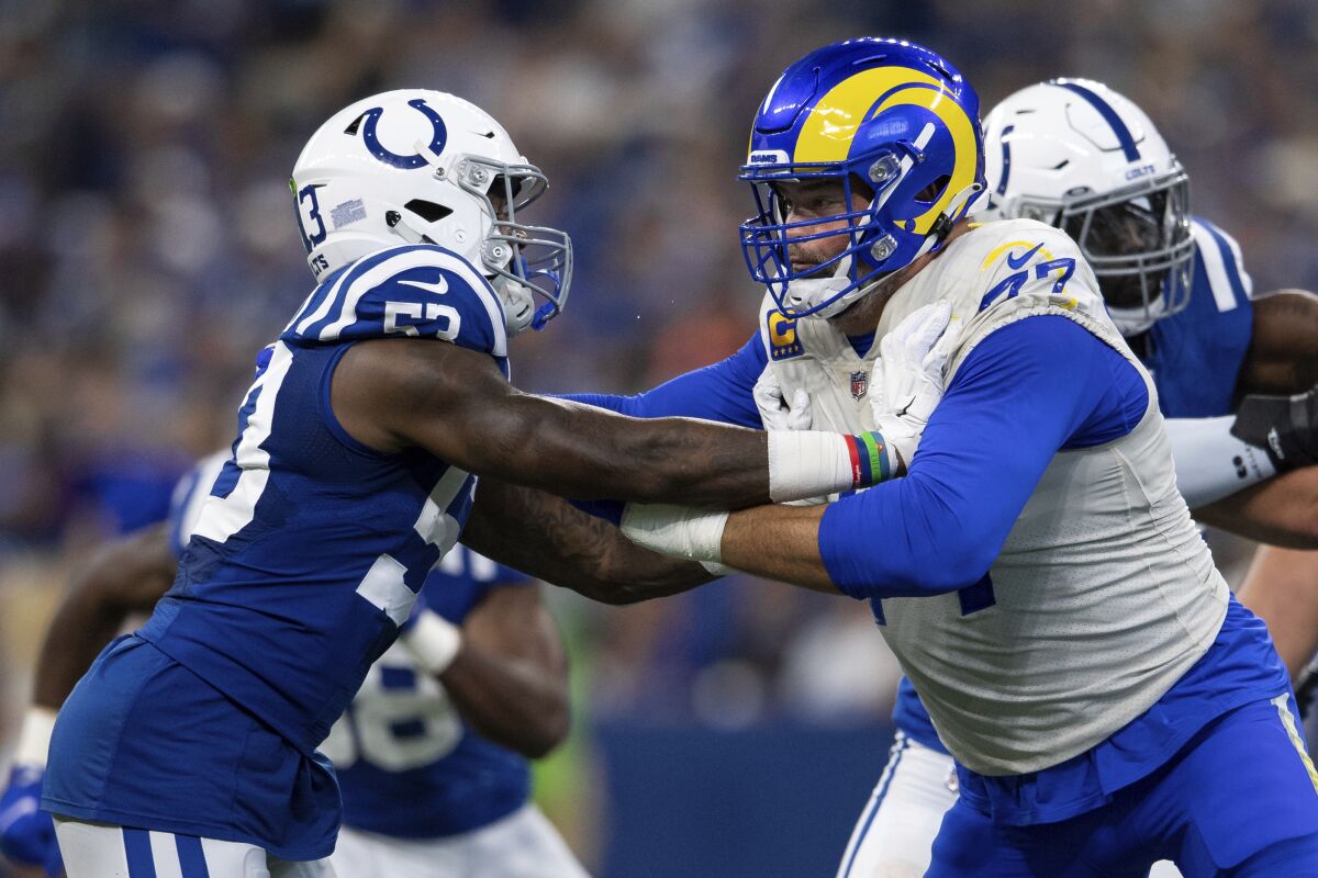 Rams offensive lineman Andrew Whitworth blocks Indianapolis Colts linebacker Darius Leonard.