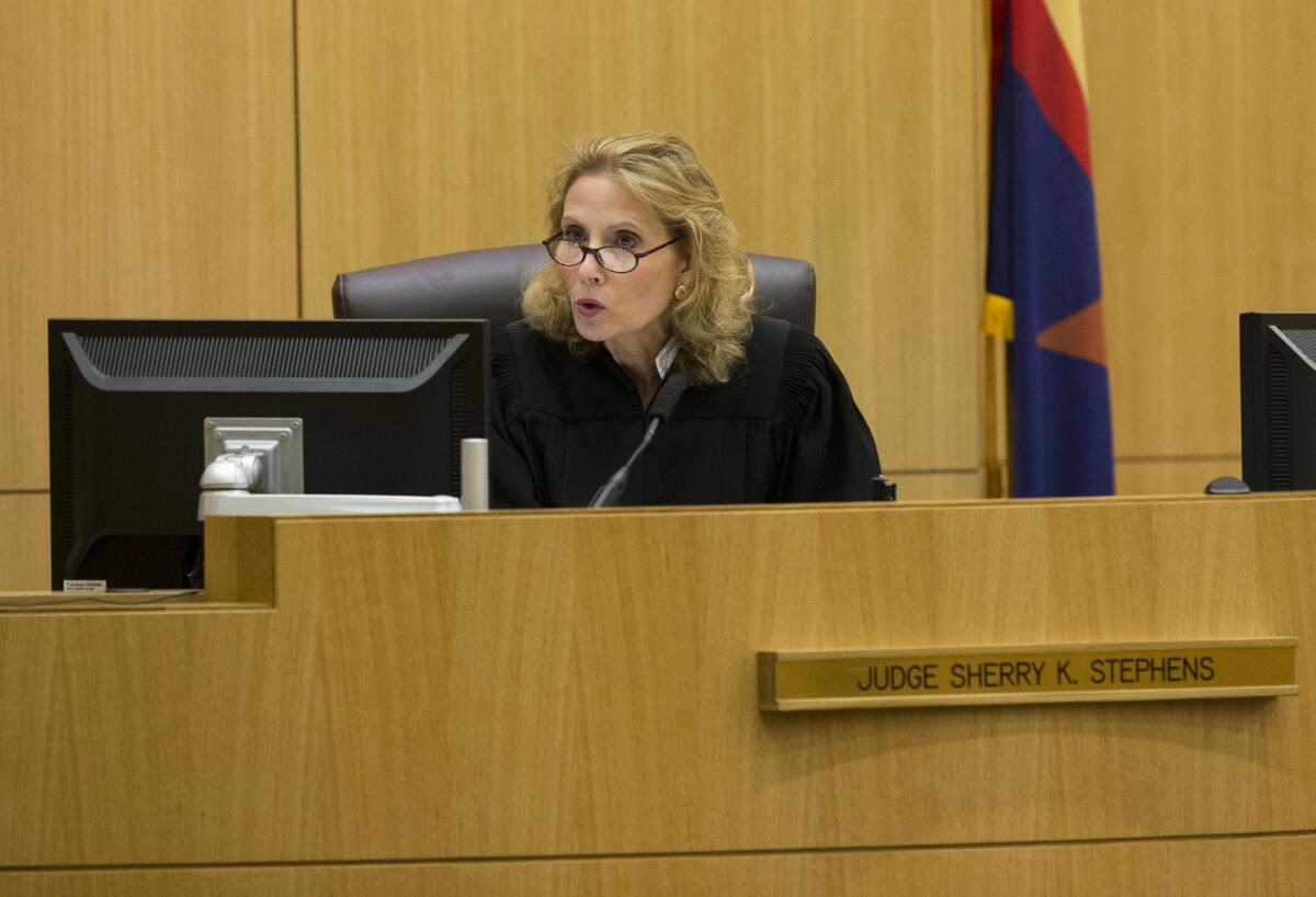 Judge Sherry Stephens talks to the jury after the panel's first impasse Wednesday in the penalty phase of the Jody Arias murder trial.